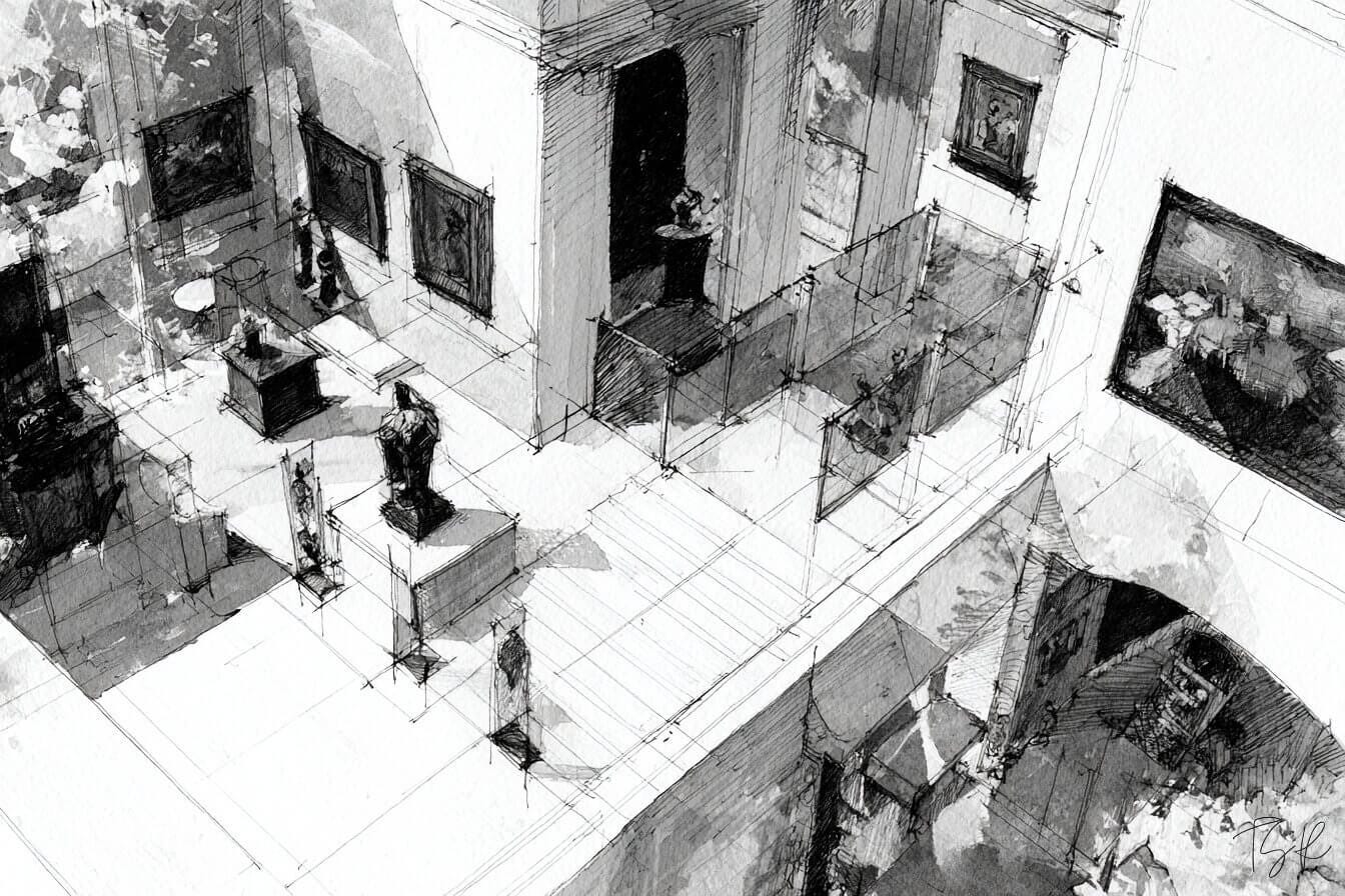 An isometric architectural sketch of a modern, multi-level gallery. The drawing uses black ink and charcoal washes to show framed art on the walls, sculptures on pedestals, and various open-plan rooms connected by glass partitions.