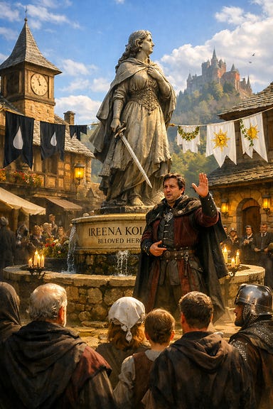 Nikolai Wachter giving a speech in Vallaki town square under bright sunlight, crowd gathered beneath banners of mourning and renewal, standing before the fountain of Ireena Kolyana with hand raised