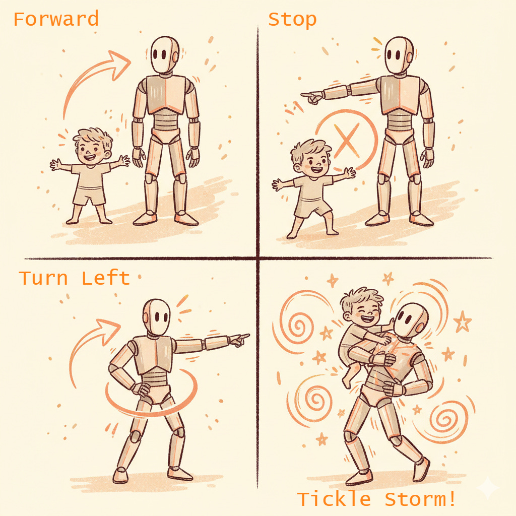 Child giving "robot" parent instructions like foward, turn left, stop!