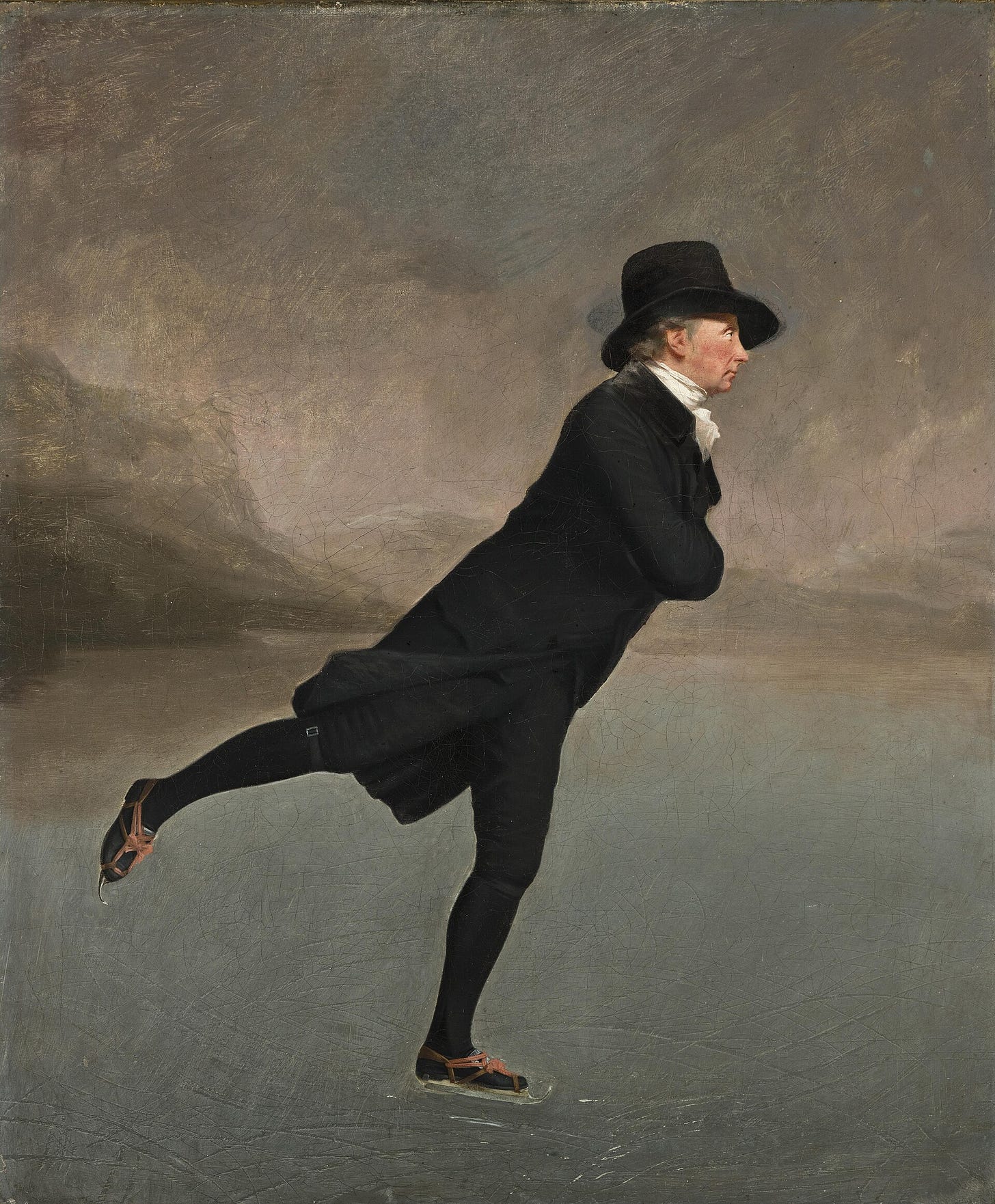 The Skating Minister by Henry Raeburn: a clergyman in black gliding across a frozen loch, arms folded