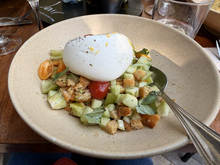 Burrata and tomato salad, fried calamari, tomato soup