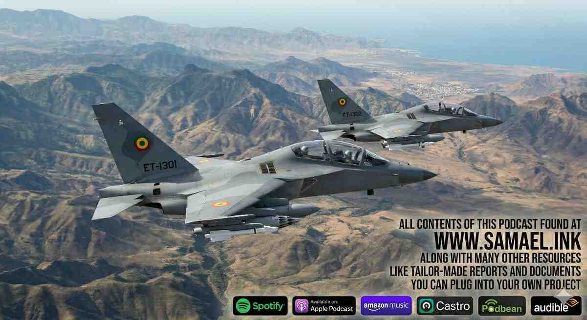 A pair of Yak-130 advanced jet trainers, marked with Ethiopian Air Force insignia and tail numbers ET-1301 and ET-1302, soaring over a rugged, hilly terrain under a hazy blue sky. The bottom-right section contains a promotional watermark for www.samael.ink with associated podcast app icons.