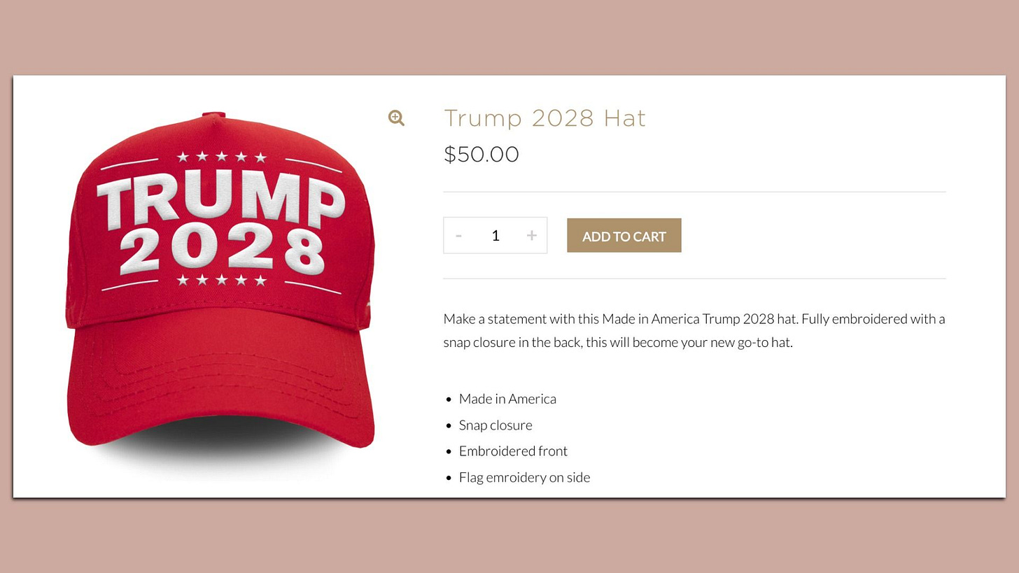 Trump 2028" hats for sale on official Trump store site