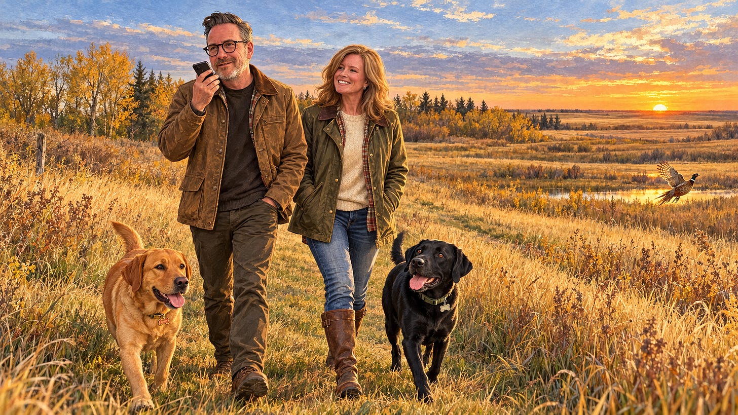 Concept illustration of a couple and their dogs at the farm, using a phone to ask an AI assistant for help.