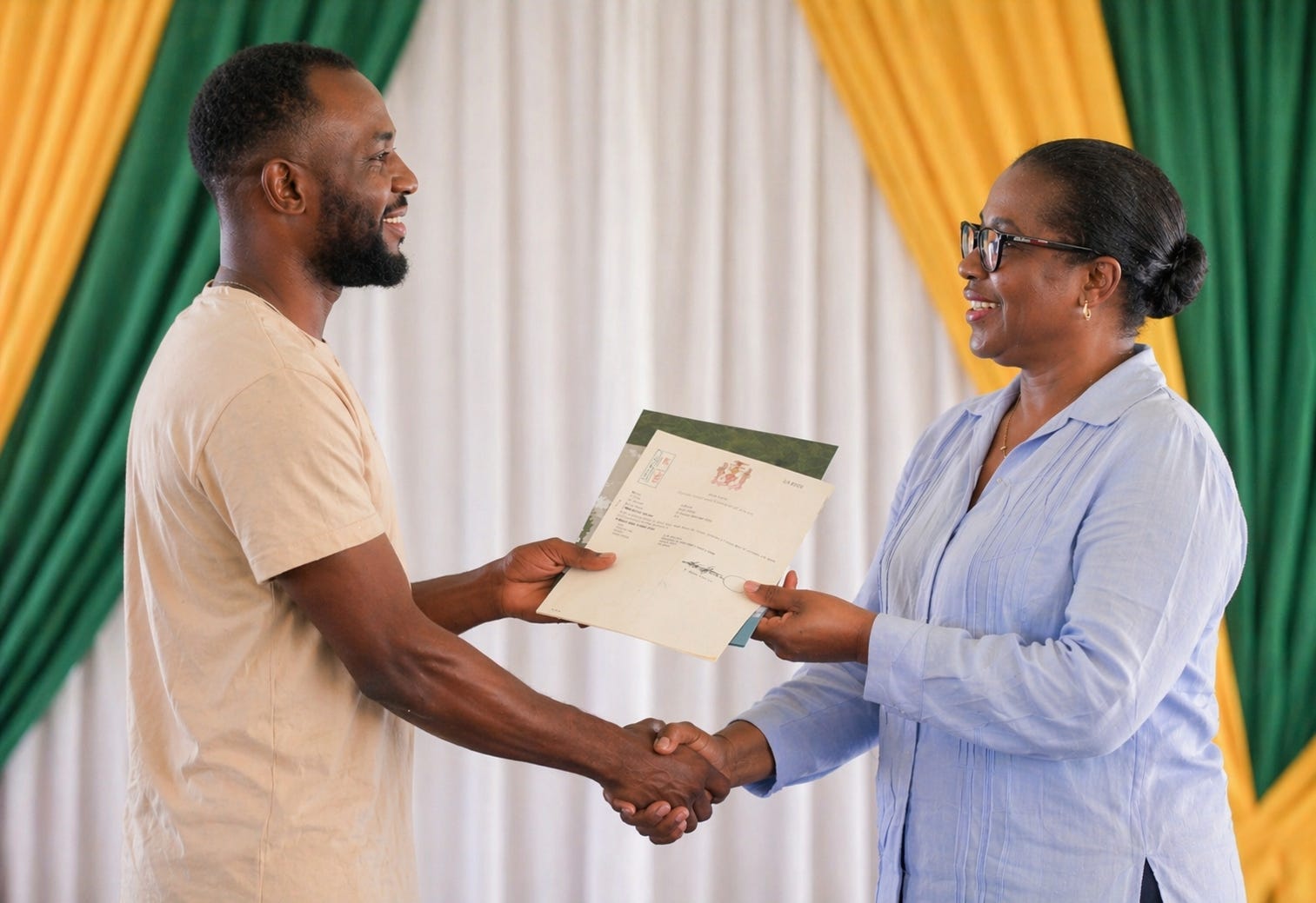 A formal ceremony where a man and woman exchange a certificate with a handshake, set against green, yellow, and white draped curtains, indicating an official land title presentation.