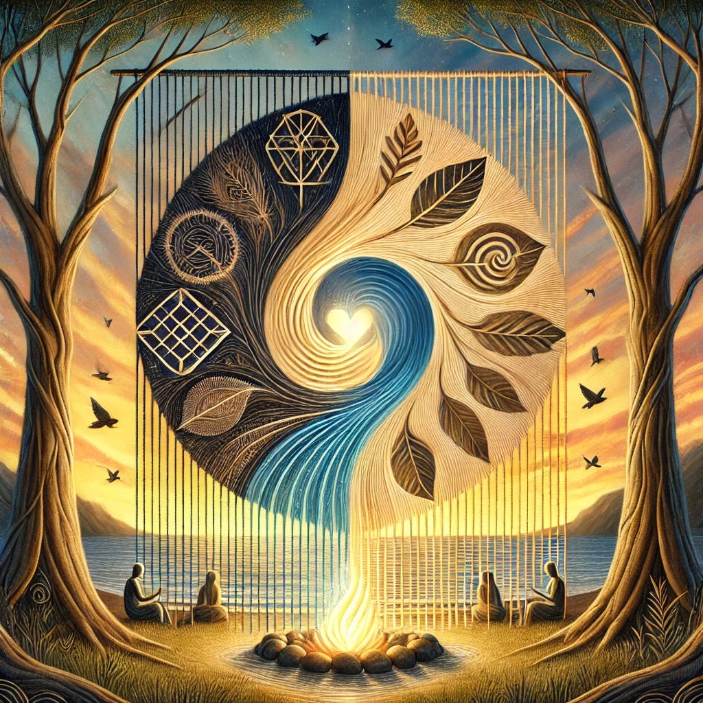 A symbolic woven tapestry suspended between two trees at sunrise. One side of the tapestry features geometric patterns symbolizing structure, fairness, and clarity (masculine principle), while the other side shows flowing organic shapes like leaves, spirals, and water symbolizing care, nurturance, and relational depth (feminine principle). In the center, the threads intertwine to form a glowing heart or seed shape, representing integration and new life. The sky is golden with hints of blue and violet, suggesting dawn and possibility. Birds are flying in the background. At the base, subtle human figures sit in a circle, listening or tending a small fire, evoking community and sacred gathering.