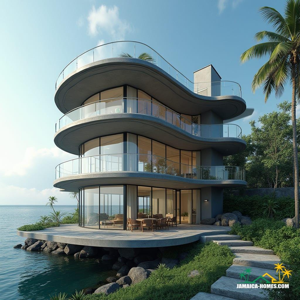 A majestic 4-storey steel frame round beach home in Jamaica, Caribbean, with protruding balconies, bathed in warm cinematic lighting
