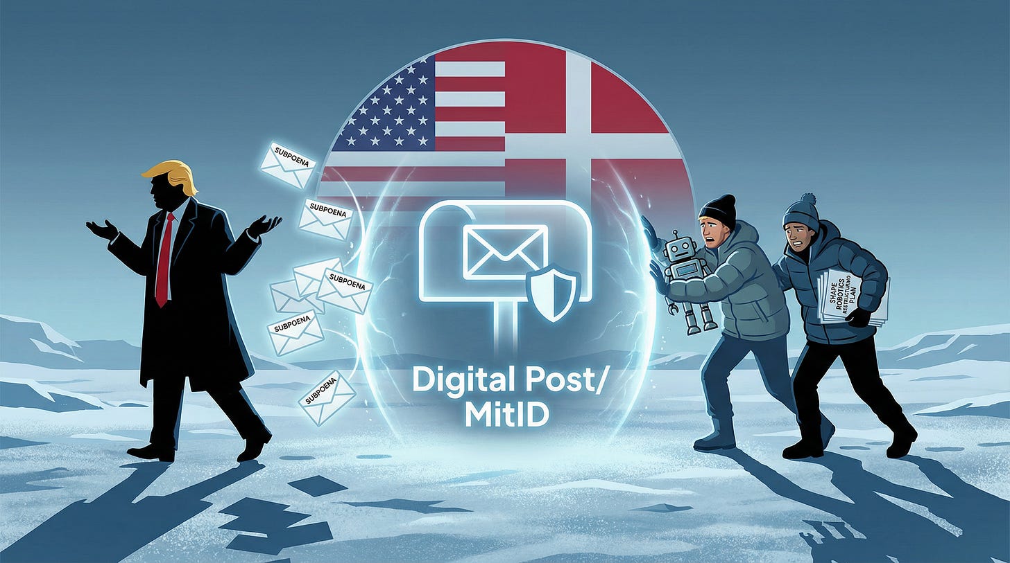 Satirical 8K cover image showing Greenland, US–Danish tension, and a Digital Post barrier blocking Shape Robotics founders.