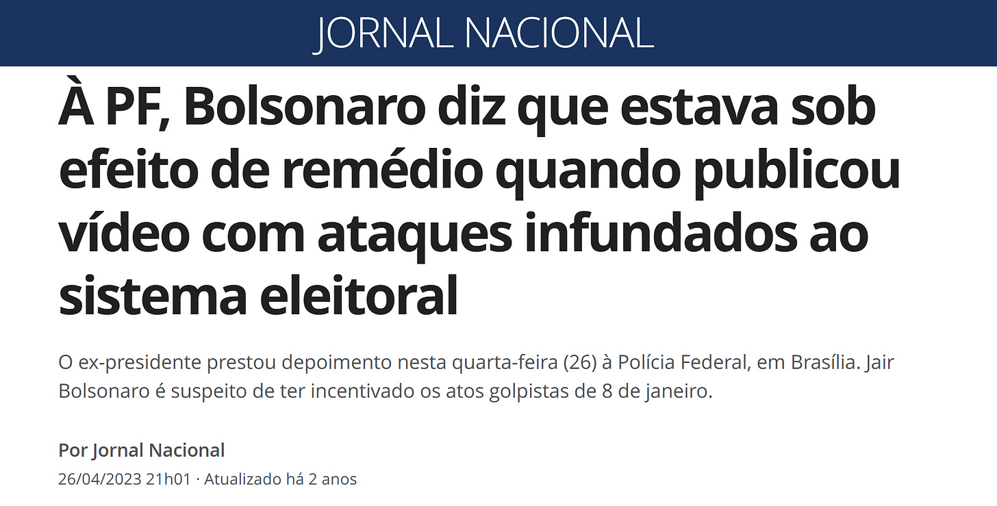 Reprodução de notícia: "MENUJornal Nacional BUSCAR Moedas Dólar Comercial R$ 5,347 -0,55% Dólar Turismo R$ 5,571 -0,14% Euro Comercial R$ 6,199 -0,47% Euro Turismo R$ 6,475 -0,13% B3 Ibovespa 157.728 pts 1,17% Moedas Dólar Comercial R$ 5,347 -0,55% Dólar Turismo R$ 5,571 -0,14% Euro Comercial R$ 6,199 -0,47% Euro Turismo R$ 6,475 -0,13% B3 Ibovespa 157.728 pts 1,17% Moedas Dólar Comercial R$ 5,347 -0,55% Dólar Turismo R$ 5,571 -0,14% Euro Comercial R$ 6,199 -0,47% Euro Turismo R$ 6,475 -0,13% B3 Ibovespa 157.728 pts 1,17% Moedas Dólar Comercial R$ 5,347 -0,55% Dólar Turismo R$ 5,571 -0,14% Euro Comercial R$ 6,199 -0,47% Euro Turismo R$ 6,475 -0,13% B3 Ibovespa 157.728 pts 1,17% Oferecido por    À PF, Bolsonaro diz que estava sob efeito de remédio quando publicou vídeo com ataques infundados ao sistema eleitoral"