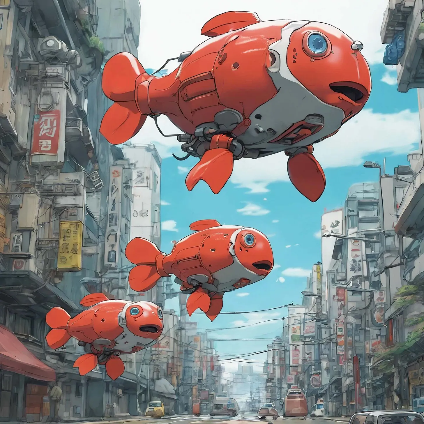 robotic orange fish flying in a street somewhere in Asia