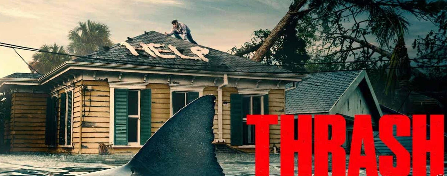 Movie still from Netflix showing 'Thrash' title and the word 'help' on a roof