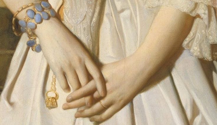 This may contain: a painting of a woman's hands with bracelets on her wrist and dress