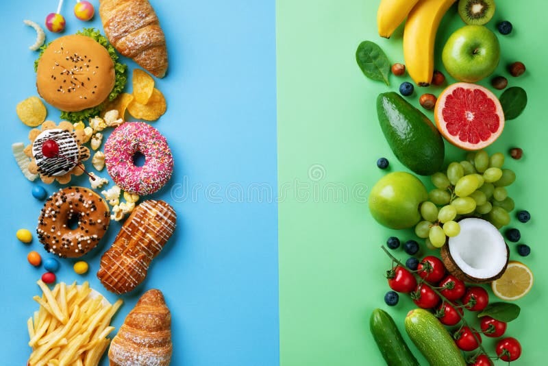 Healthy and Unhealthy Food Background from Fruits and Vegetables Vs Fast  Food, Sweets and Pastry.Diet and Detox Against Calorie Stock Photo - Image  of vegetables, cholesterol: 186923832