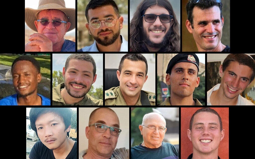 Deceased hostages whose bodies were still held in Gaza as of October 22, 2025: (Top row from left) Meny Godard, Ran Gvili, Sahar Baruch, Dror Or; (Second row) Joshua Mollel, Itay Chen, Asaf Hamami, Oz Daniel, Hadar Goldin; (Bottom row) Sudthisak Rinthalak, Lior Rudaeff, Amiram Cooper, Omer Neutra. (Collage by Times of Israel; Photos: Courtesy)