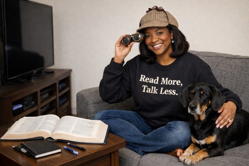Black woman in a detective hat and binoculars sits next to her dog while watching TV