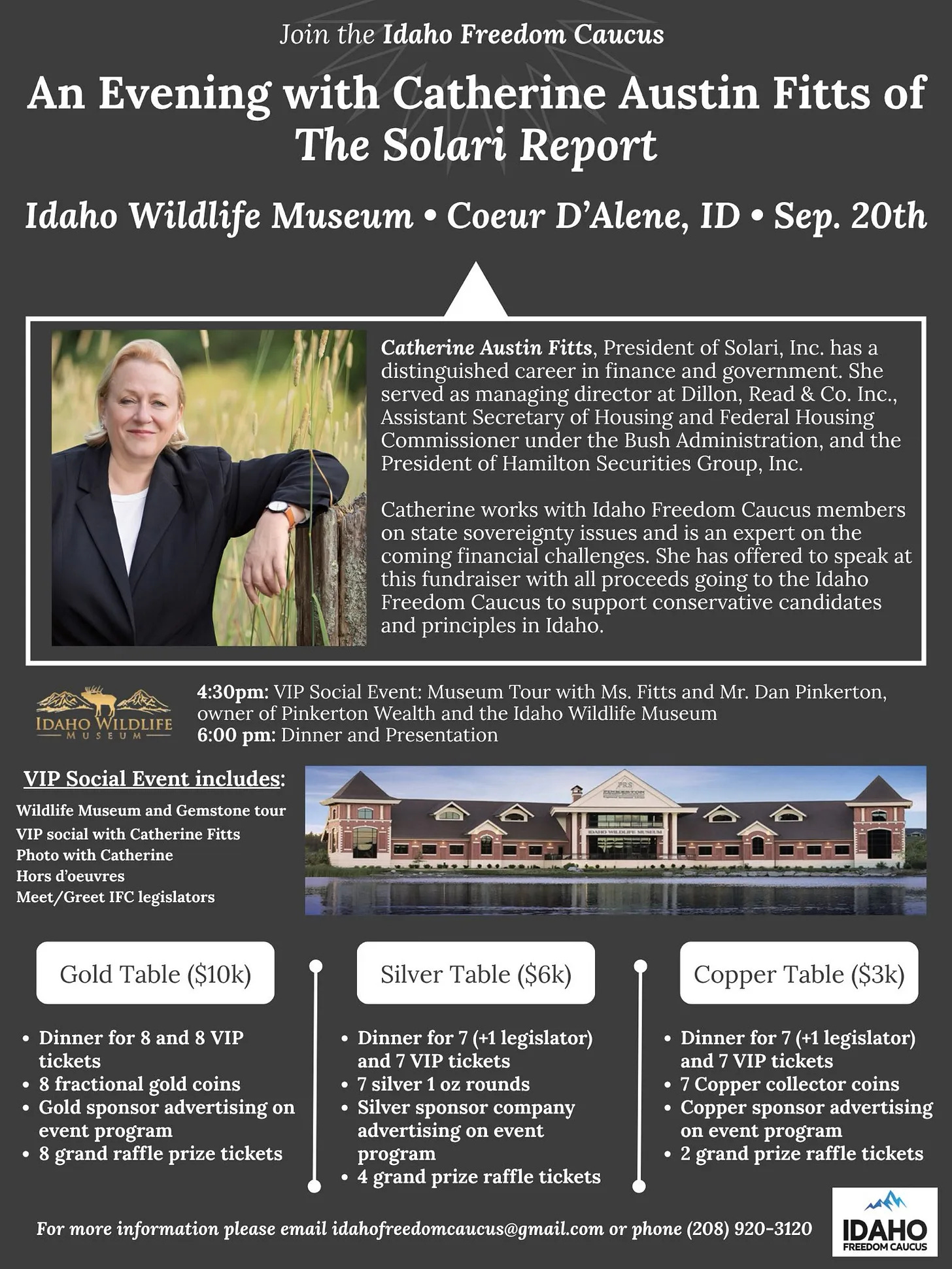 Idaho Politics — Fundraiser for Idaho Freedom Caucus Legislators. Please join us for an evening out with Catherine Austin Fitts.