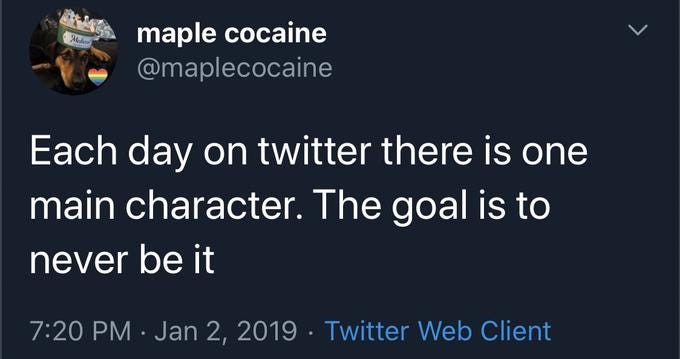 "Every day on twitter there is one main character. The aim is to never be it" - tweet by @maplecocaine on January 2 2019