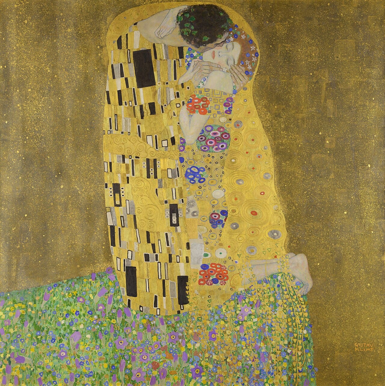 Klimt's The Kiss, a couple embracing in gold patterned robes Klimt's The Kiss, a couple embracing in gold patterned robes
