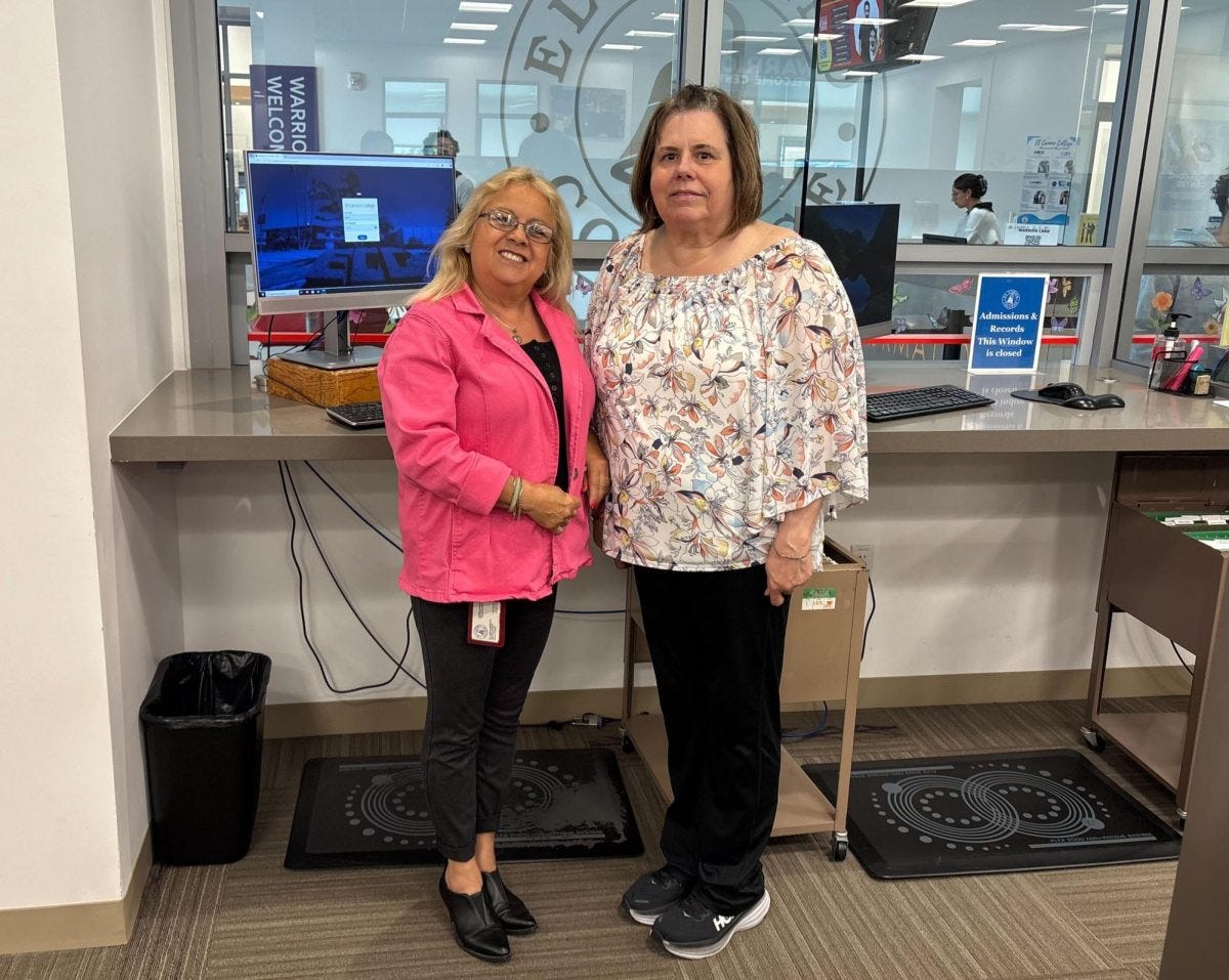(L-R) Adriana Denton and Donna Pantaleo gather for a picture in the Admissions office located in the Student Services Building on Wednesday, May 28. Denton and Pantaleo, who both have worked at El Camino College for four decades, used to work in food services at ECC before joining Admissions and Records in 1993. “We came in together and we are leaving together," Pantaleo said. (Nick Miller | The Union)