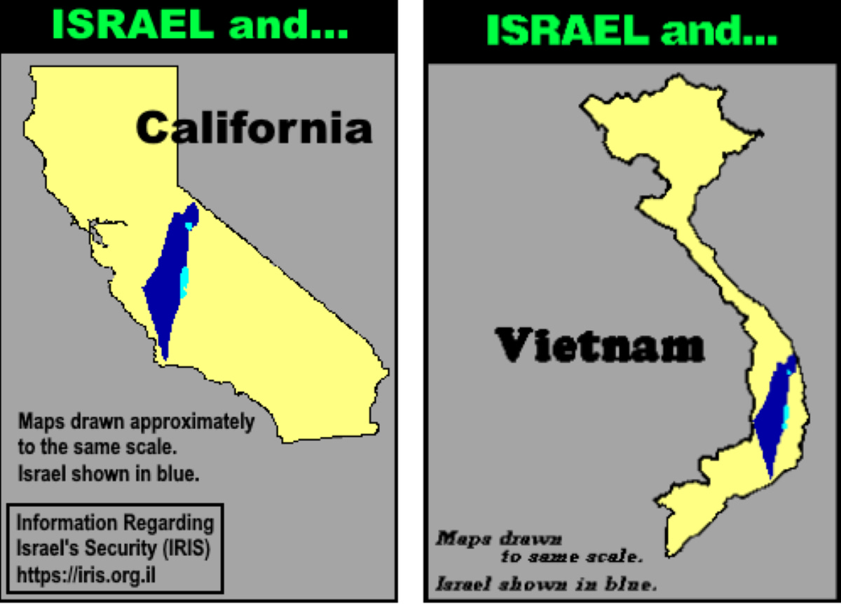 Maps of California and Viet Nam with Israel superimposed, all maps the same scale.