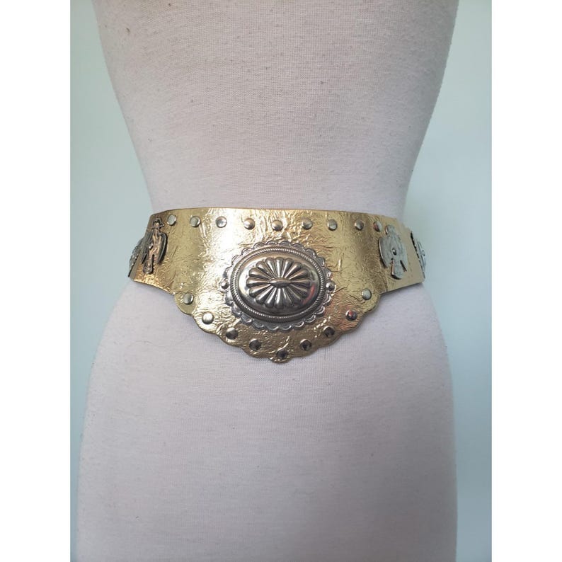 Metallic M-L Gold Foil Studded Leather Belt 80's Western Boho Festival Southwest image 1