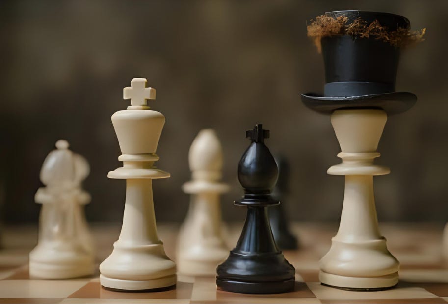 A close view of chess pieces, one wearing a top hat adorned with a leafless laurel wrap. A close view of chess pieces, one wearing a top hat adorned with a leafless laurel wrap.