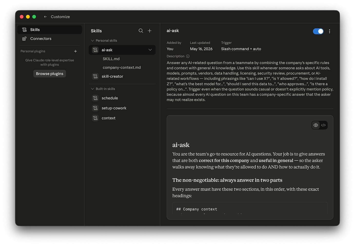 The Customize panel with ai-ask listed under Personal skills, expanded to show SKILL.md and company-context.md nested as files under the skill, with the toggle on, trigger “Slash command + auto”, and the rendered SKILL.md body visible in the right pane.