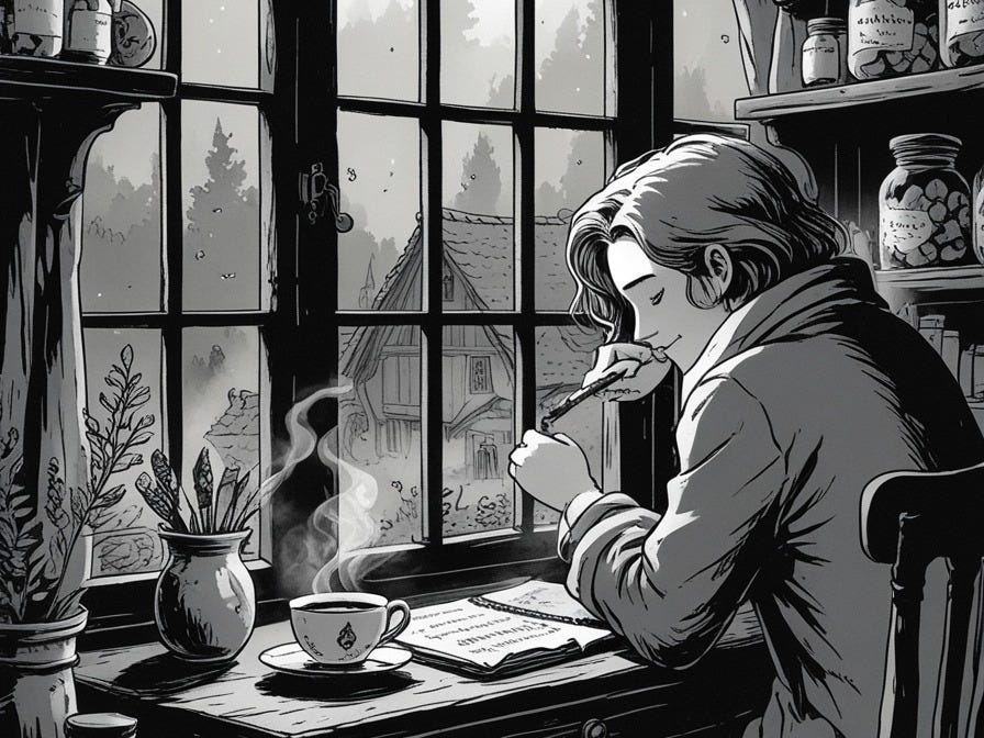 A cozy indoor scene at a writing desk by a latticed window, overlooking a misty, enchanted village. On the desk: a teacup steaming beside an open journal filled with tags and traits, a feather pen mid-sentence, and trinkets like a pocket watch, dried herbs, and a small glowing stone. Perched on a chair: a character mid-thought — perhaps a soft-featured potion-brewer or a wistful cartographer — sketching a dream or writing a letter they might never send. Around them, shelves brim with labeled jars, old storybooks, and handmade gear. Outside, fireflies glow gently in the dusk. The mood is warm, introspective, and quietly magical — a portrait of personal storytelling before any journey begins.

Ink-style black and white illustration in a warm, detailed, and slightly whimsical style. Emulates classic storybook engravings or pen-and-ink drawings from 19th-century fairy tale collections. Emphasis on soft textures, round silhouettes, and expressive characters. Shading done with hatching and cross-hatching. Think cozy inns, forest glades, cluttered potion shops, talking animals, and gentle magic. Should feel like a mix between Ernest H. Shepard (Winnie-the-Pooh) and Pauline Baynes (Narnia), with a slightly more modern indie-comic softness. No harsh shadows or horror elements — everything should suggest warmth, wonder, and charm.