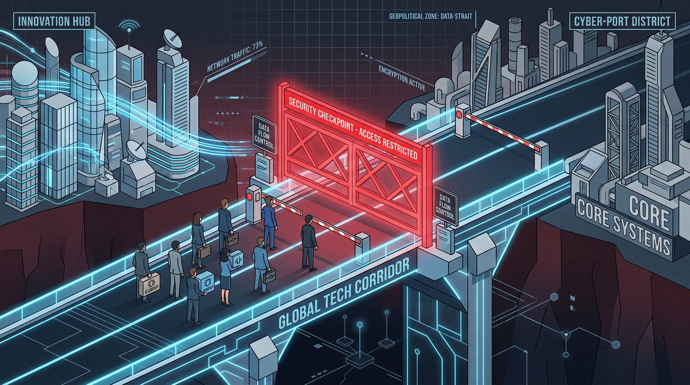 Flat isometric illustration of a glowing bridge connecting two futuristic skylines with a giant red security gate closing across the middle, corporate figures carrying AI circuit boxes stopped at the checkpoint, dark background, clean vector art style, red, blue and grey color palette, geopolitical technology editorial aesthetic Flat isometric illustration of a glowing bridge connecting two futuristic skylines with a giant red security gate closing across the middle, corporate figures carrying AI circuit boxes stopped at the checkpoint, dark background, clean vector art style, red, blue and grey color palette, geopolitical technology editorial aesthetic