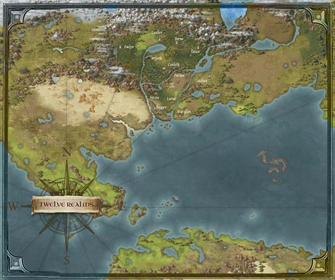 Chronicles of the Twelve Realms book covers, book quote and map
