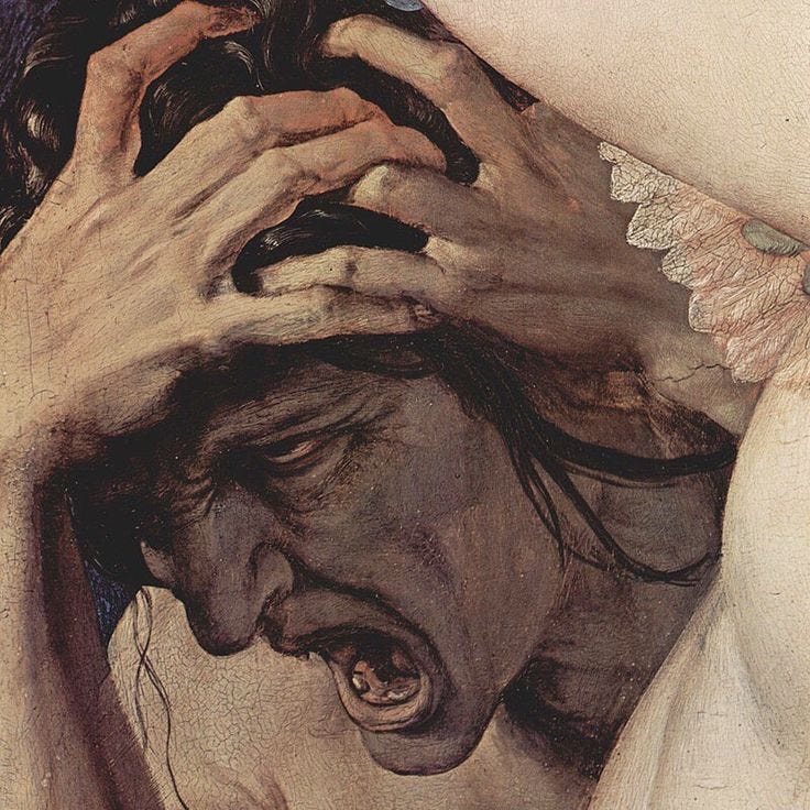 This may contain: a painting of a woman holding her head with both hands and looking down at the ground