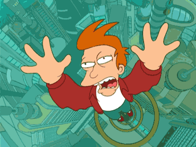 Gif da Futurama con Fry che viene risucchiato verso l'ato in un lungo tubo trasparente. Sullo sfondo compare la città.