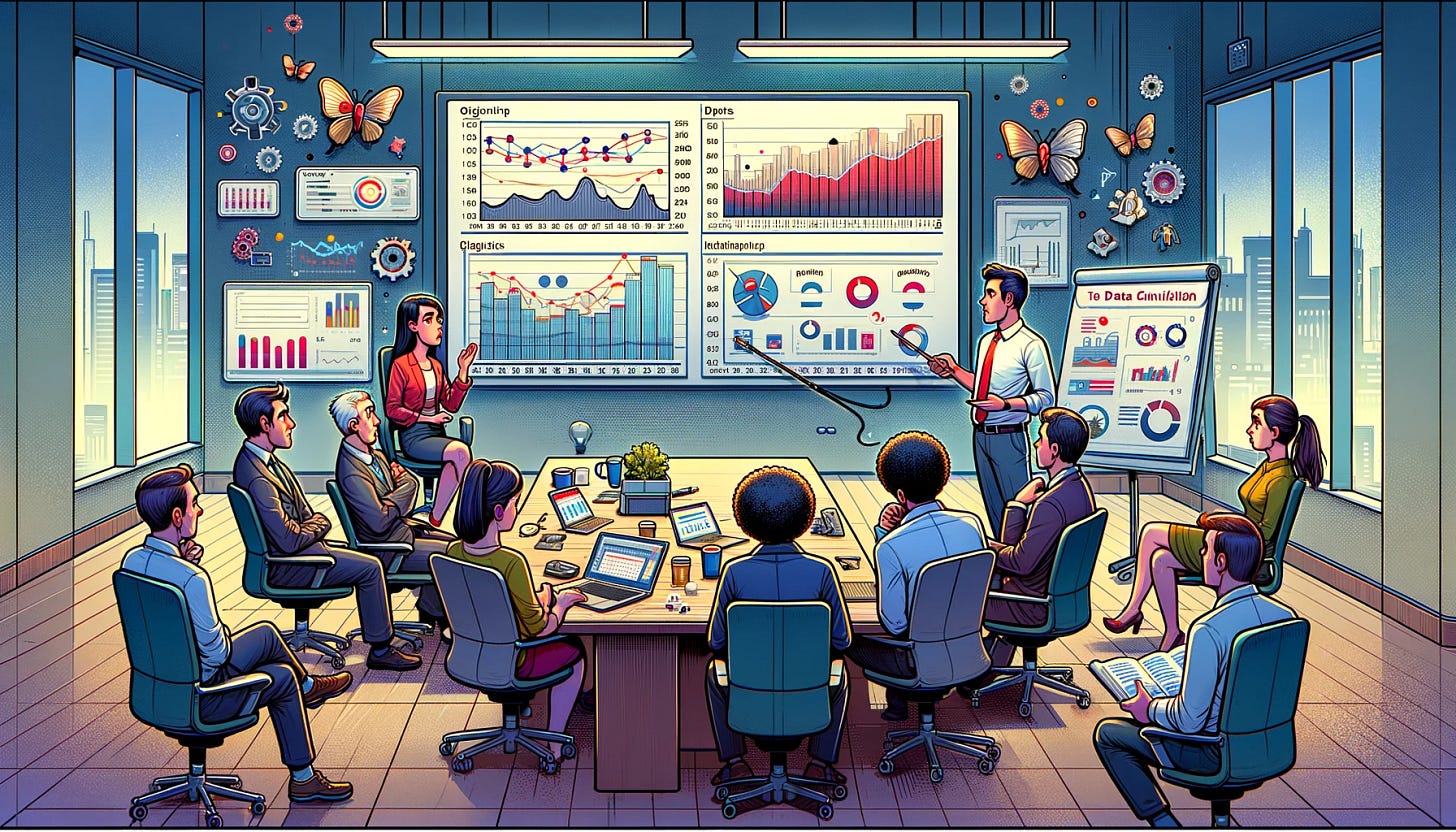 A cartoon-style illustration depicting a meeting between a data consultant and a group of clients in a modern office setting. The consultant is presenting a slide deck on a large screen, showing graphs and data dashboards, while the clients look on with expressions of concern and skepticism. The office is filled with digital and technological motifs, highlighting the focus on data infrastructure and projects. The characters display a mix of emotions, from curiosity to doubt, reflecting the varied feedback on data reliability and the challenges of ensuring data quality across the organization. The scene captures the essence of discussions around data maturity and the organizational challenges faced in optimizing the data value chain. The illustration should be in a 16x9 ratio, suitable for wide format displays.