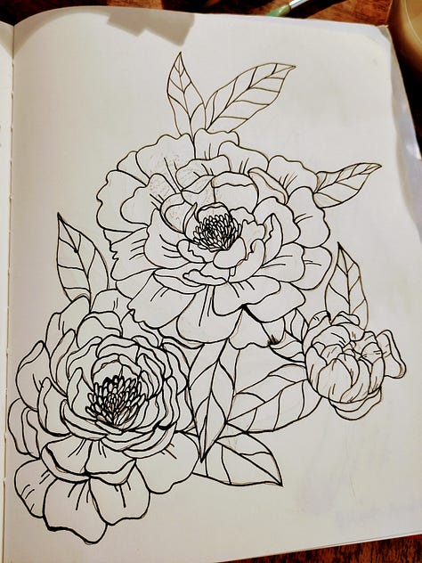 Sketchbook page feature flowers in blank ink. Two sketchbook pages done in rainbow pencil.