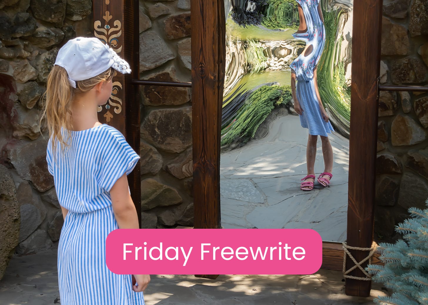 child looking at themselves in a funhouse mirror child looking at themselves in a funhouse mirror