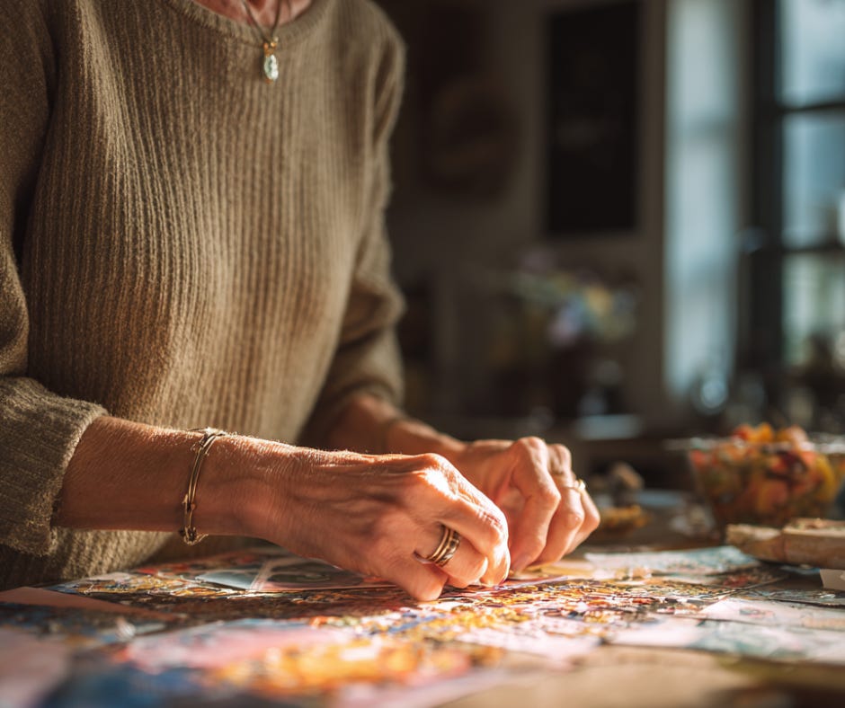 Close-up of a woman’s hands creating art at a sunlit table, arranging colorful scraps and textures. A portrait of creativity, choice, and agency.