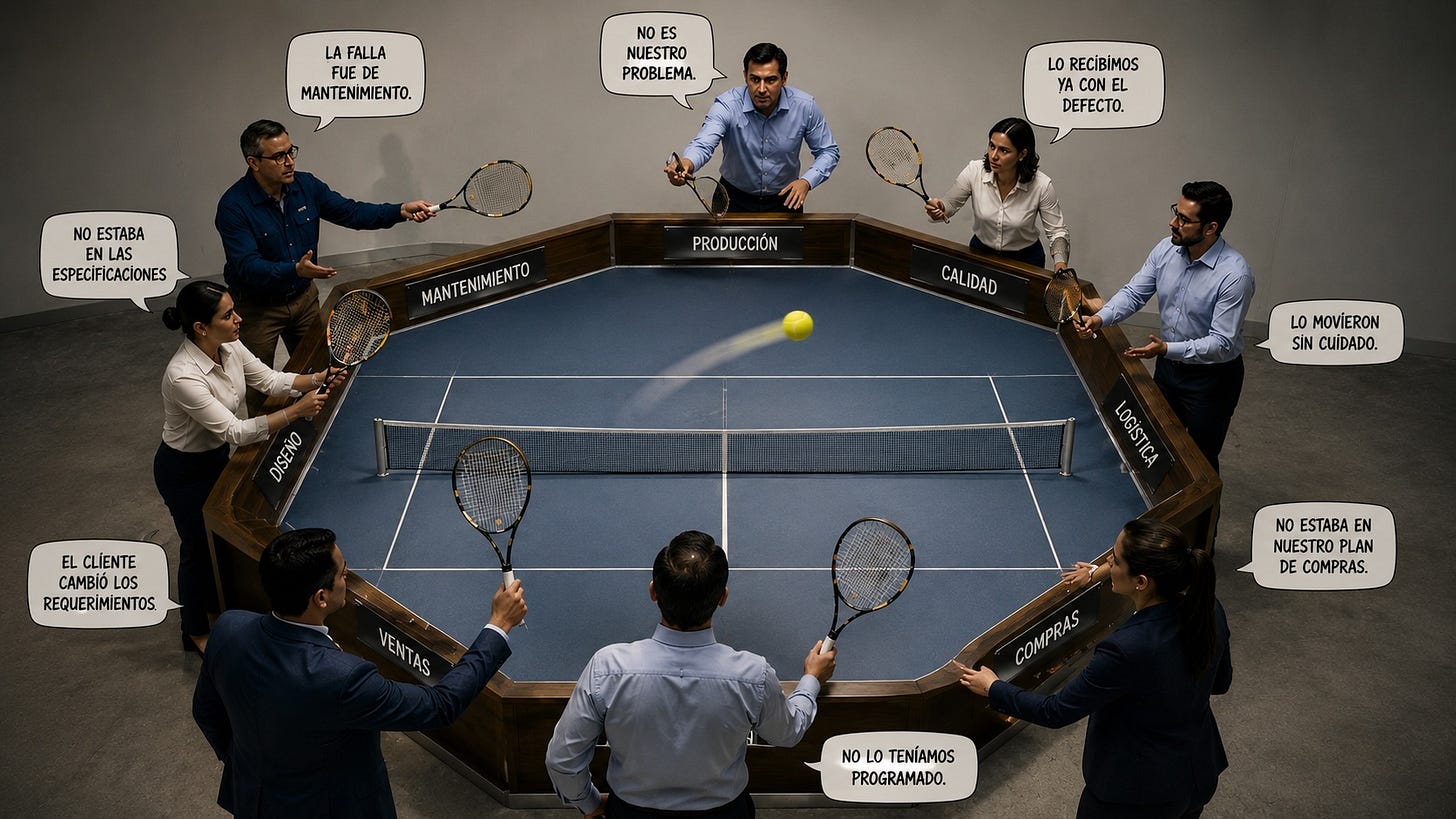 Ocho personas, cada una identificada con el nombre de un área de la empresa (Producción, Calidad, Logística, Compras, Ventas, Diseño, Mantenimiento y otra función operativa), sostienen raquetas y se pasan una pelota de un lado a otro. Sobre cada participante aparece un breve comentario como: “Lo recibimos ya con el defecto”, “La falla fue de mantenimiento”, “No estaba en nuestro plan de compras” o “Lo movieron sin cuidado”, representando el intercambio constante de responsabilidades. La pelota se encuentra en movimiento en el centro de la cancha, simbolizando un problema que nunca encuentra un responsable. La escena utiliza iluminación sobria y un estilo realista para representar la fragmentación de la responsabilidad dentro de las organizaciones.