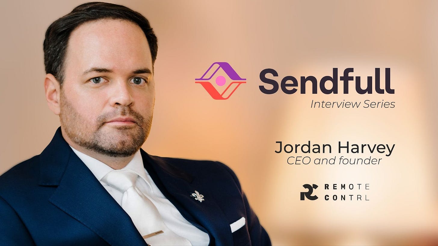 Professional portrait of Jordan Harvey, CEO and founder of Remote Control, as part of the Sendfull Interview Series. Jordan is wearing a dark suit and white tie, with a serious expression, set against a soft gradient background. The logos of Sendfull and Remote Control are displayed alongside his name and title