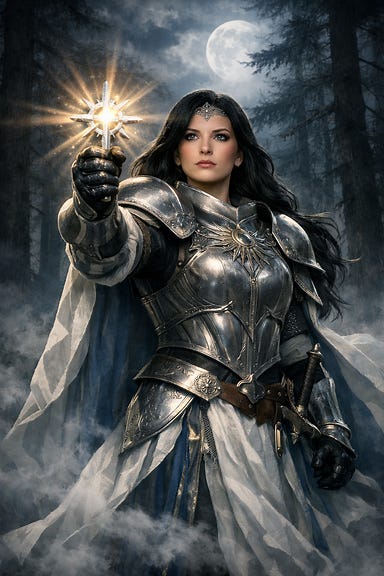 Clarion in full ceremonial armor with black hair, standing tall with her holy symbol held forth, silver engraved armor gleaming under moonlight, flowing white and silver robes trimmed in blue, misty Barovian forest background, aura of faith and defiance