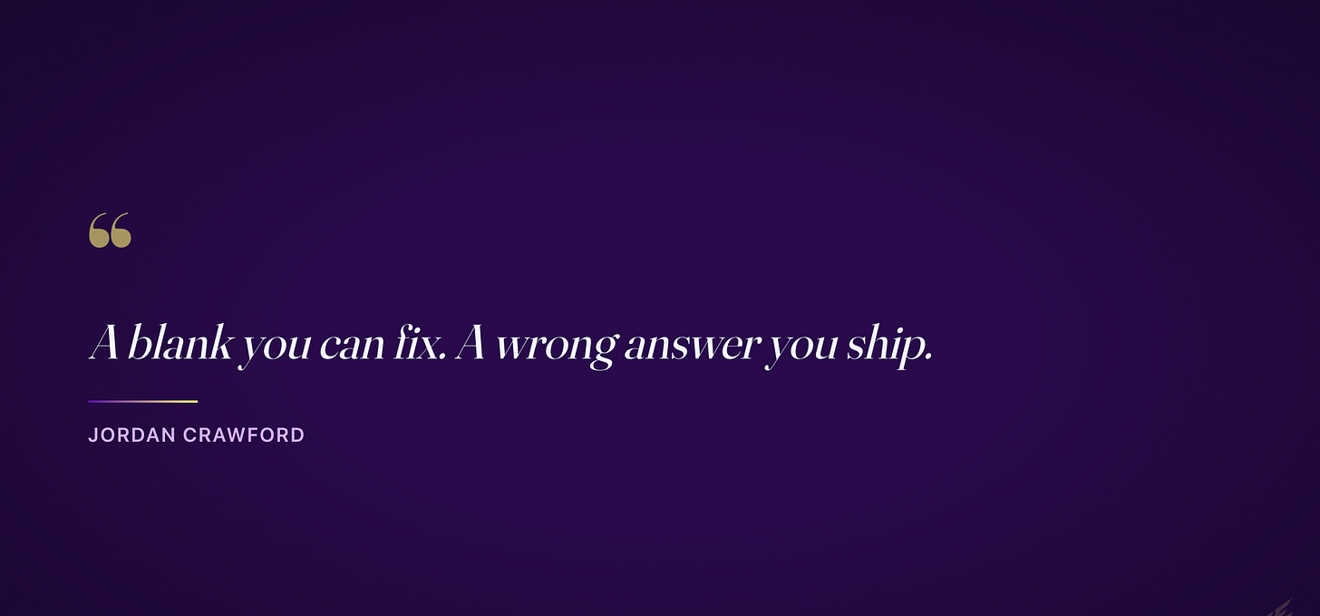 A blank you can fix. A wrong answer you ship. A blank you can fix. A wrong answer you ship.