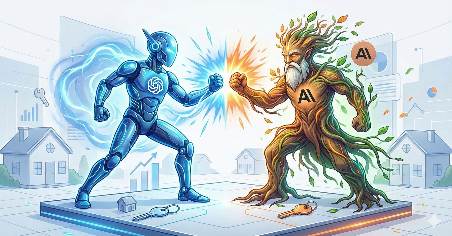 Illustration of two AI characters in a battle stance with fists clashing. Left figure is blue with the ChatGPT logo. Right figure is an organic tree-like character with an AI symbol. Real estate homes and keys appear in the background. Illustration of two AI characters in a battle stance with fists clashing. Left figure is blue with the ChatGPT logo. Right figure is an organic tree-like character with an AI symbol. Real estate homes and keys appear in the background.