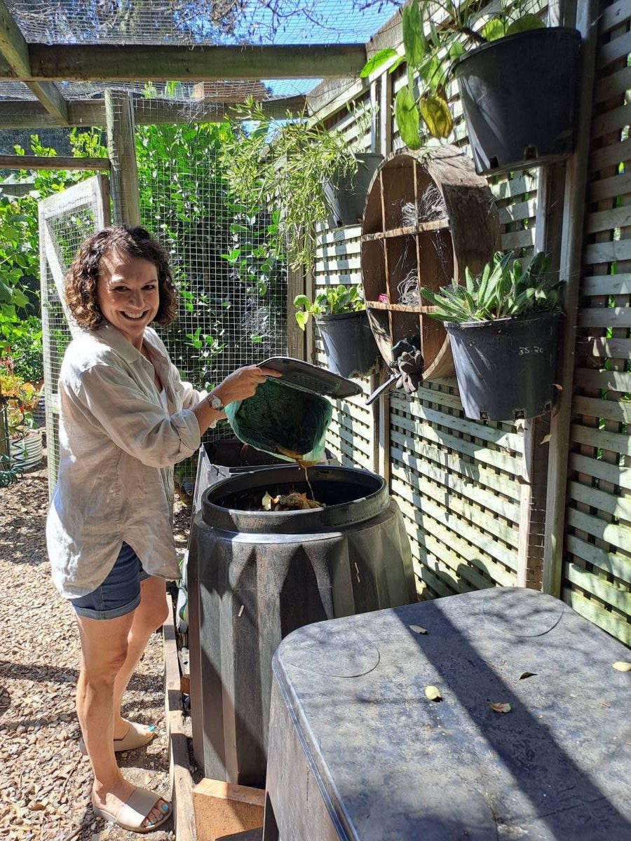 Jo Heeps' compost bins are enclosed in a wire mesh cage that came with the house.