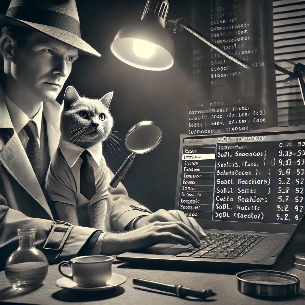 A noir detective scene where a data analyst solves a SQL-based mystery. A clever cat sits on the desk, watching intently as clues unfold on the screen.