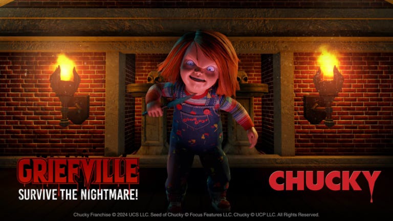 Chucky stares at the viewer menacingly while holding a knife