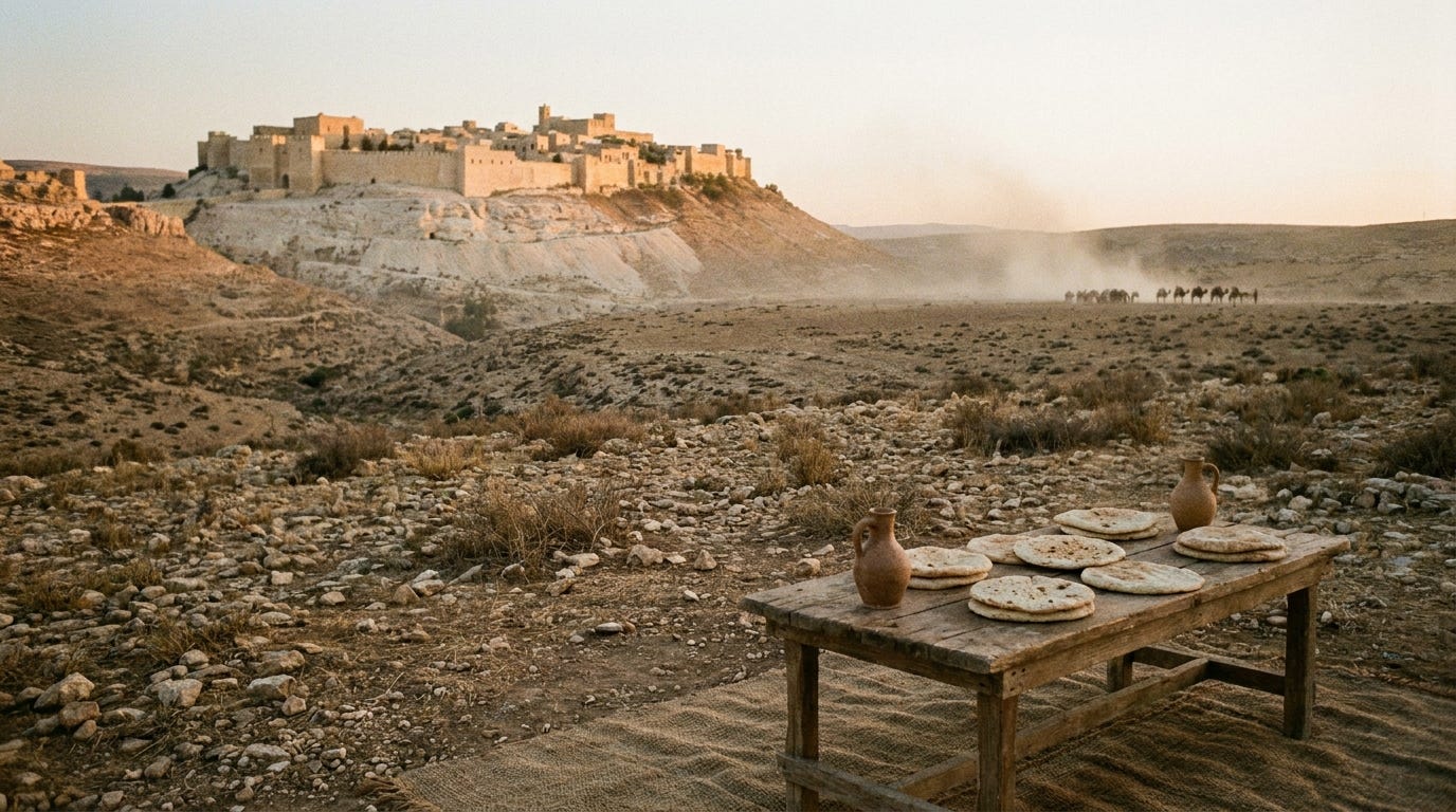 A wide dry valley at golden hour below an ancient walled hill town of pale limestone, a low wooden table on a woven cloth set with round flatbread loaves and two clay wine jars, faint dust of a returning caravan far off across the plain, warm amber evening light on stony ground, no people, no faces, no text A wide dry valley at golden hour below an ancient walled hill town of pale limestone, a low wooden table on a woven cloth set with round flatbread loaves and two clay wine jars, faint dust of a returning caravan far off across the plain, warm amber evening light on stony ground, no people, no faces, no text