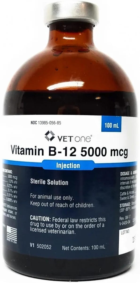 Cyanocobalamin Vitamin B12 Injectable Solution for Horses, 5000-mcg, 100-mL slide 1 of 2 Cyanocobalamin Vitamin B12 Injectable Solution for Horses, 5000-mcg, 100-mL slide 1 of 2