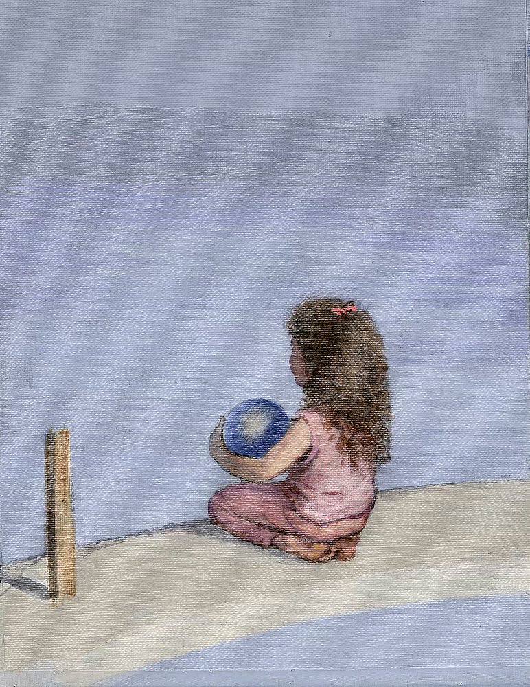 Color figure study of a young girl holding a blue ball as she sits with legs under her on a curving concrete platform. Her hair is dark tied with a small bow that is brighter than the pale pink of her sleeveless t-shirt and leggings.