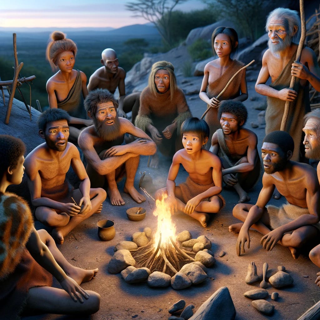 A group of early humans, consisting of diverse individuals with varied skin tones, are gathered around a small fire at dusk. Their expressions show wonder and curiosity as they discover fire for the first time. The setting is a simple natural landscape, featuring some rocky terrain and sparse vegetation. Primitive tools and makeshift shelters made of branches and animal skins are visible in the background. This scene captures a pivotal moment in human evolution, highlighting their initial steps towards greater intelligence.
