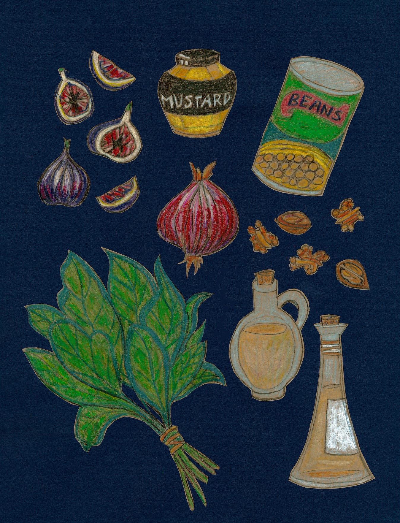 Illustrated still life of figs, garlic, a mustard jar, canned beans, walnuts, spinach, and oil on dark blue. 