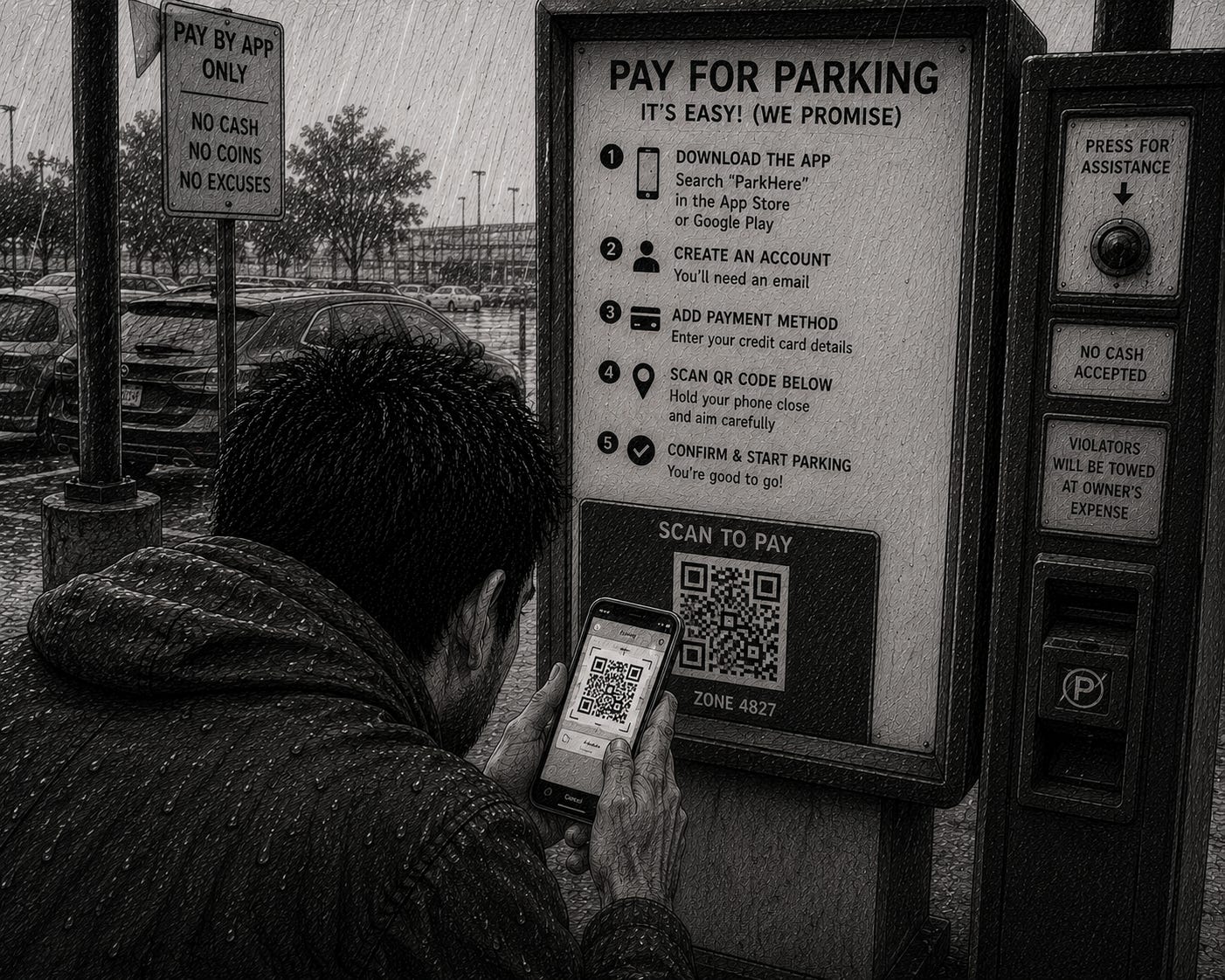 A person standing in the rain at a parking meter, forced to download an app and scan a QR code to pay, illustrating digital friction and reality drift in everyday systems. A person standing in the rain at a parking meter, forced to download an app and scan a QR code to pay, illustrating digital friction and reality drift in everyday systems.